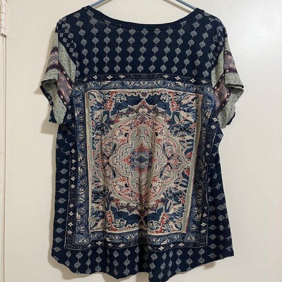Lucky Brand Womens Boho Top Sz 1X Folk Festival Artsy Mandala Motif Indie Comfy. - Picture 2 of 6